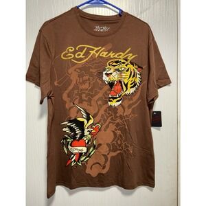 Ed Hardy T-Shirt Men's Size M Tiger‎ And Eagle Print Short Sleeve Cocoa NWT